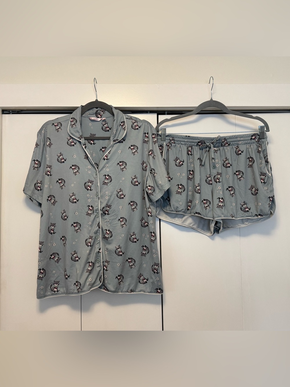la Vie en Rose Raccoon Pajama Set Short Sleeve Shirt & Shorts Green Gray L PJs